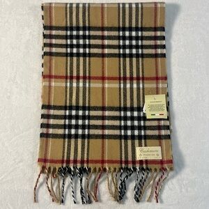 Firenze Cashmere Finished Scarf Tan Plaid Fringe Edges Italia Italy 12x48 NWT